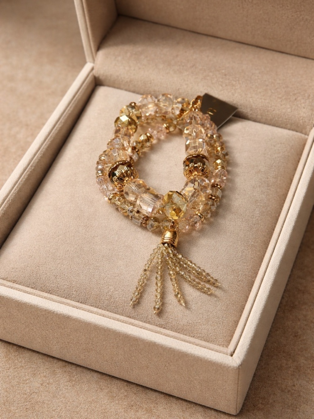 Jules Crystal Beaded Bracelet Gold Tassel Stretch Statement Bracelet NWT